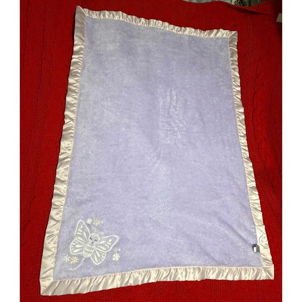 Lullaby Lane Purple Butterfly Baby Blanket Pink Satin Ruffle Trim Plush Fleece